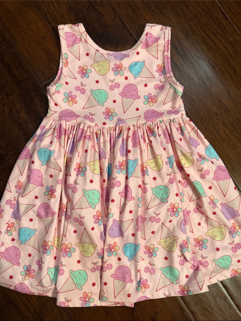 Girls' Pink Ice Cream Print Sleeveless Cotton Dress